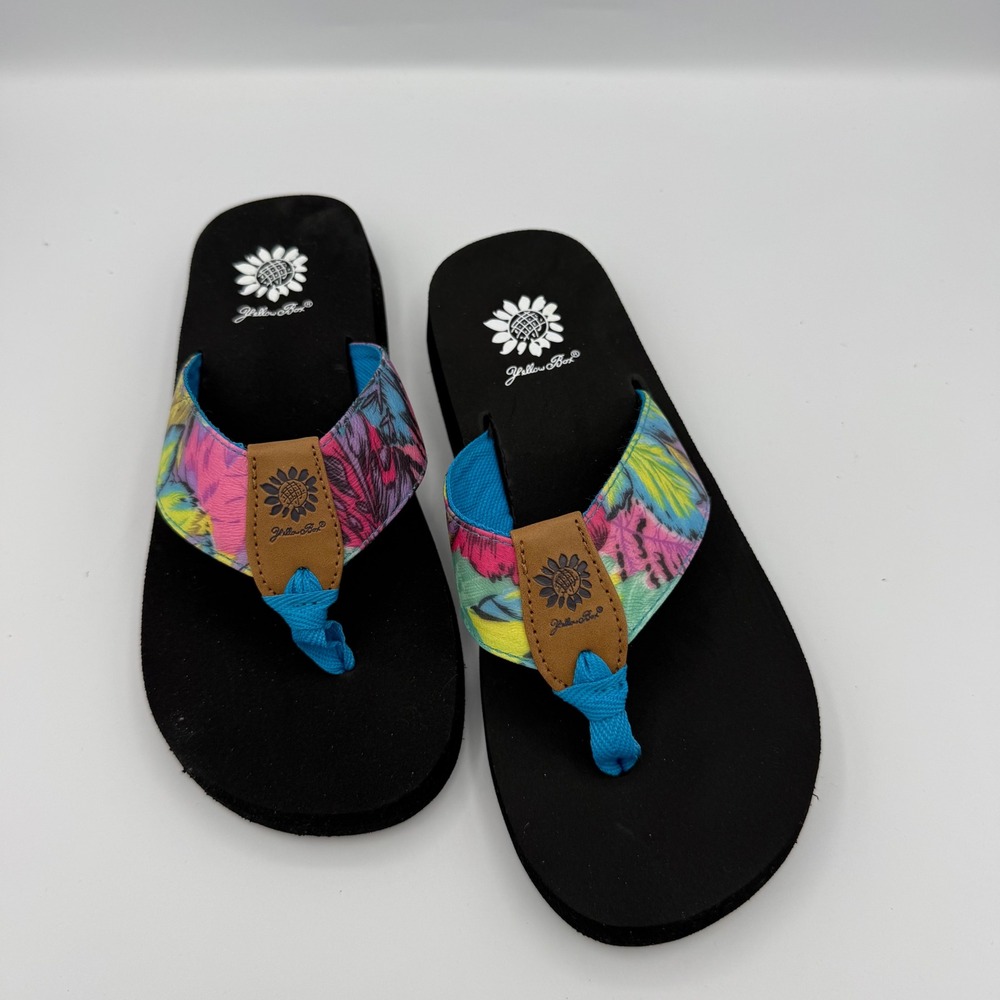 Yellow Box Flip Flop Womens 8 Black Multicolor Tropical Platform Beach comfort - Picture 2 of 6